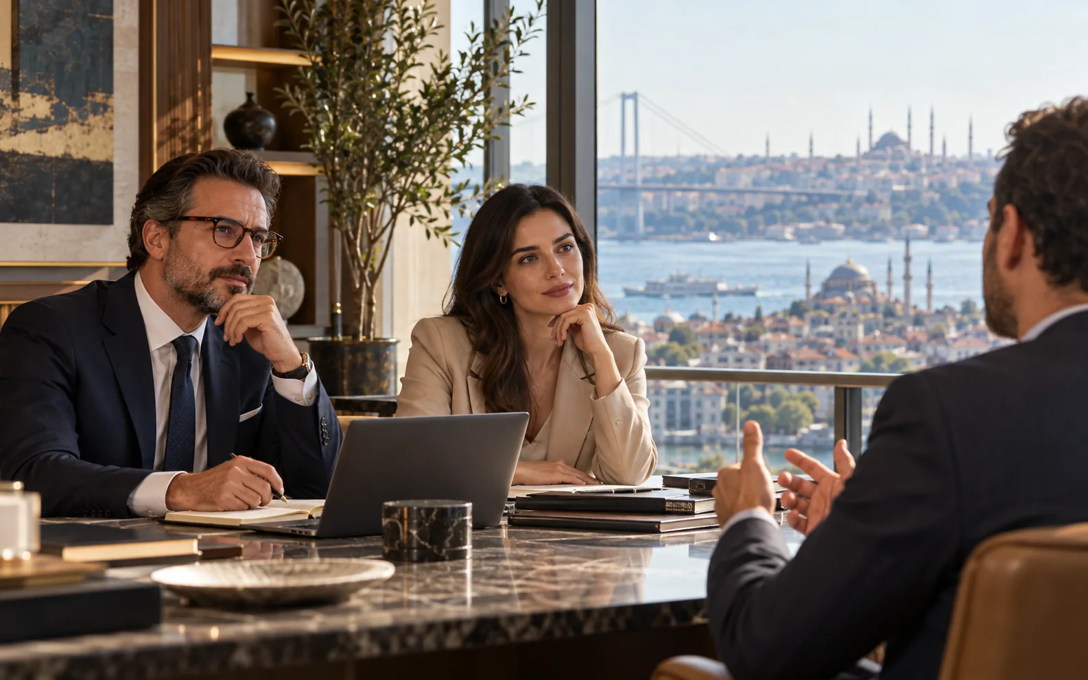 Bir müşteriyi dinleyen danışmanlar