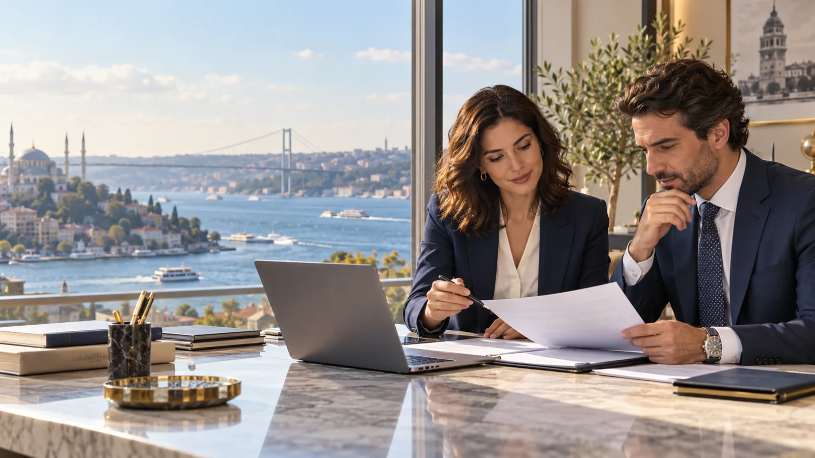 İstanbul manzaralı ofiste belgeleri inceleyen iki profesyonel