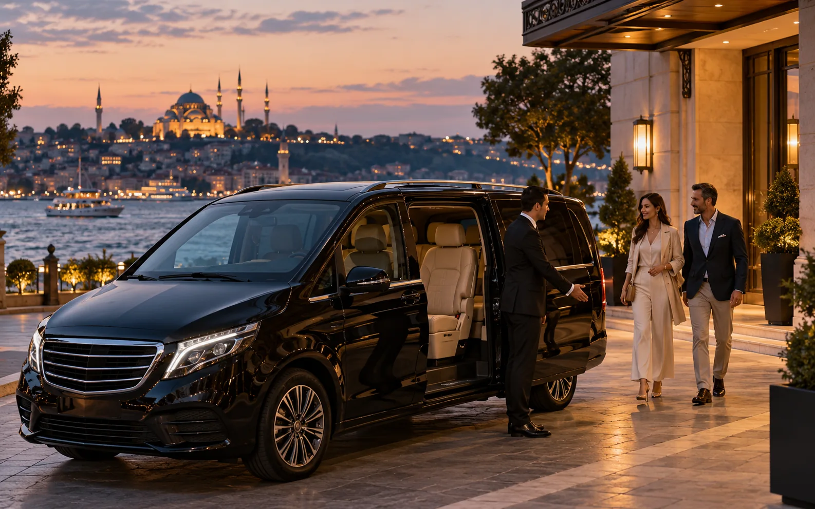 Otel önünde siyah yönetici minibüsü